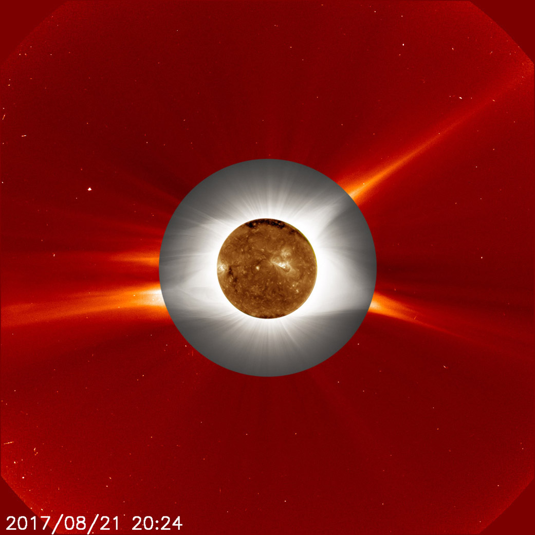 Composite of the 2017 total solar eclipse combining ground corona imagery with space-based solar atmosphere data
